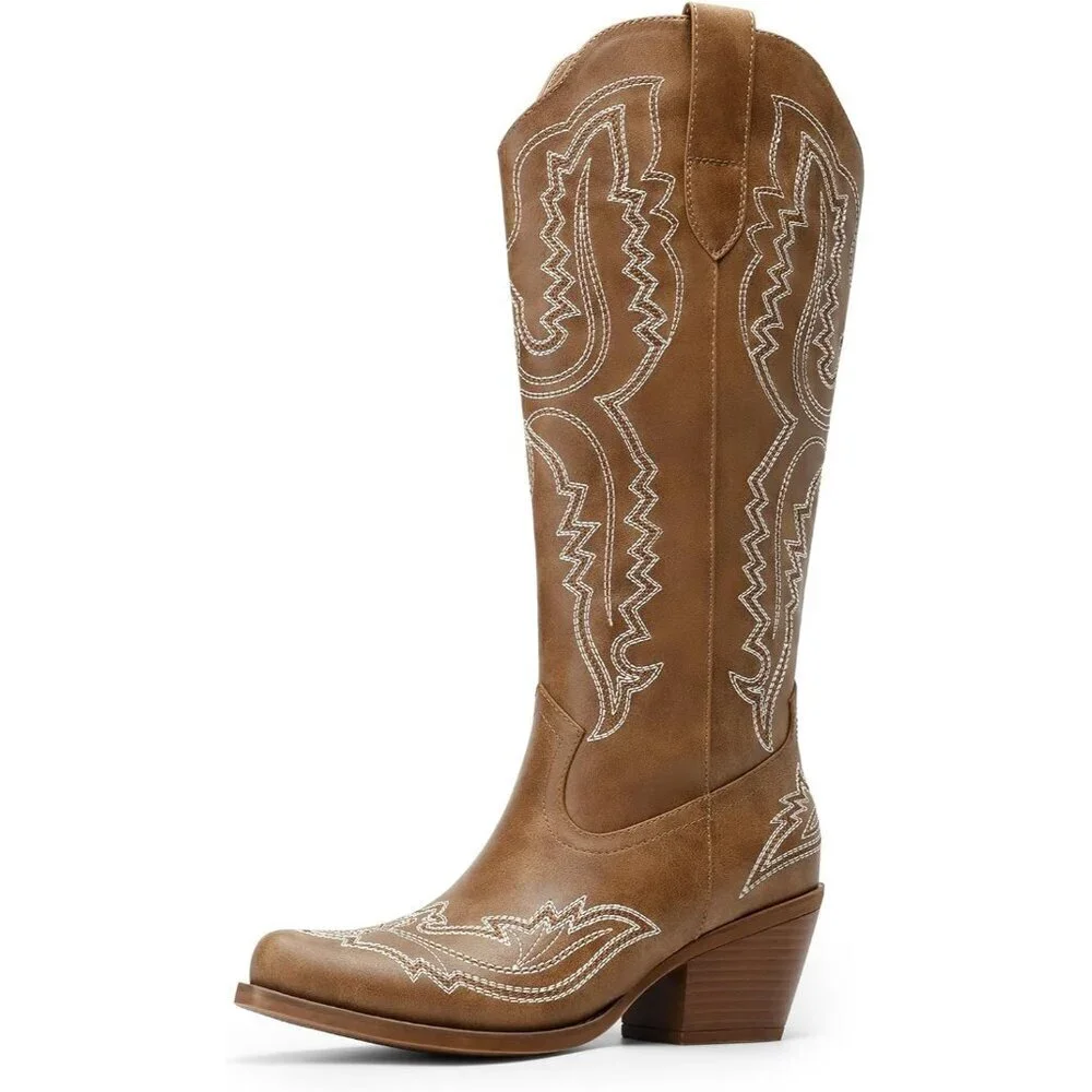 Women's Brown Square Toe Comfortable Side Zipper Tall Cowboy Knee High Boots